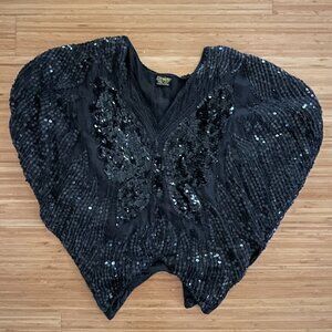 Vintage Linsiano Silk Black Sequined and Beaded Butterfly Top
